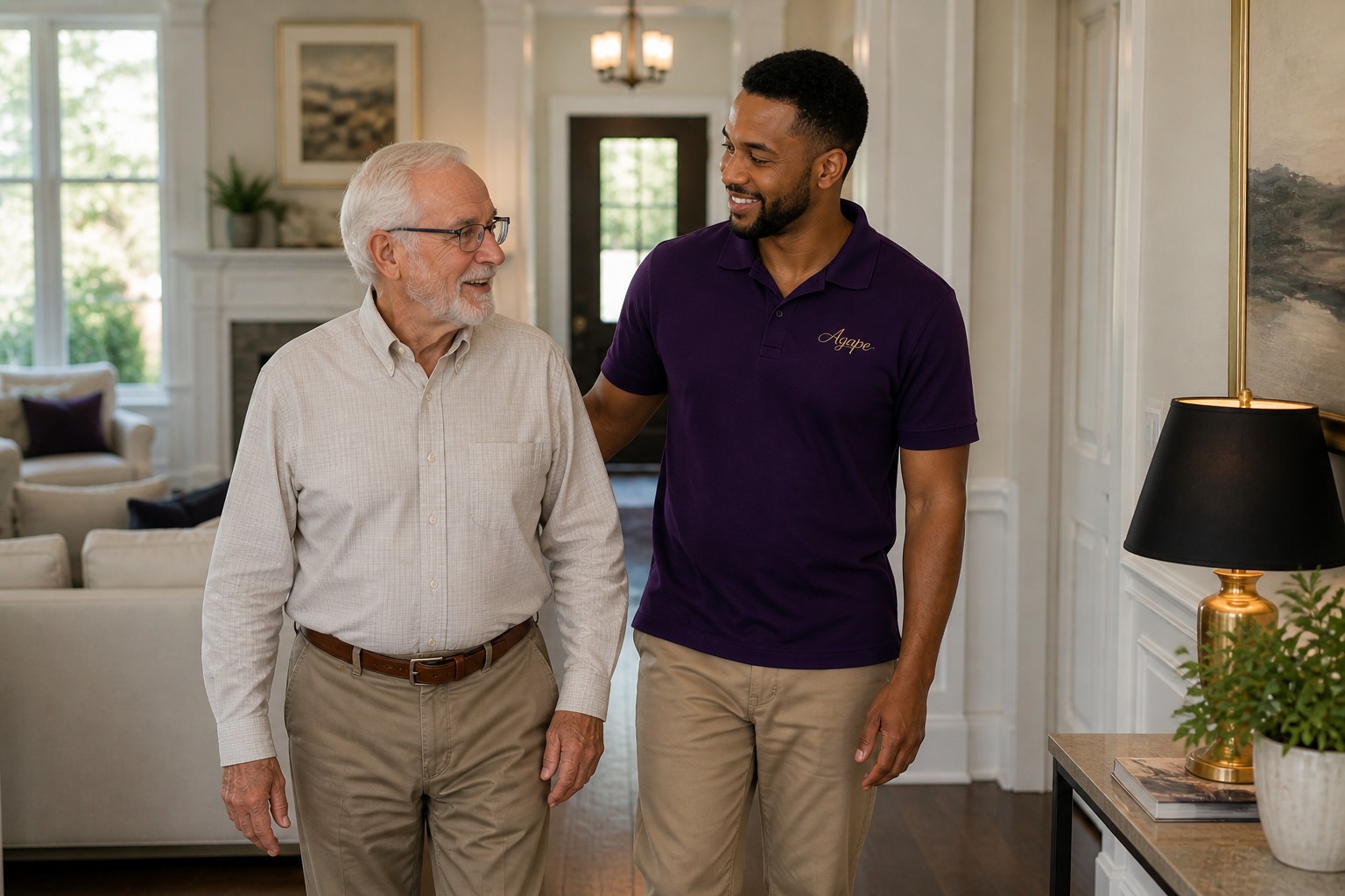 Caregiver providing dignified walking support at home