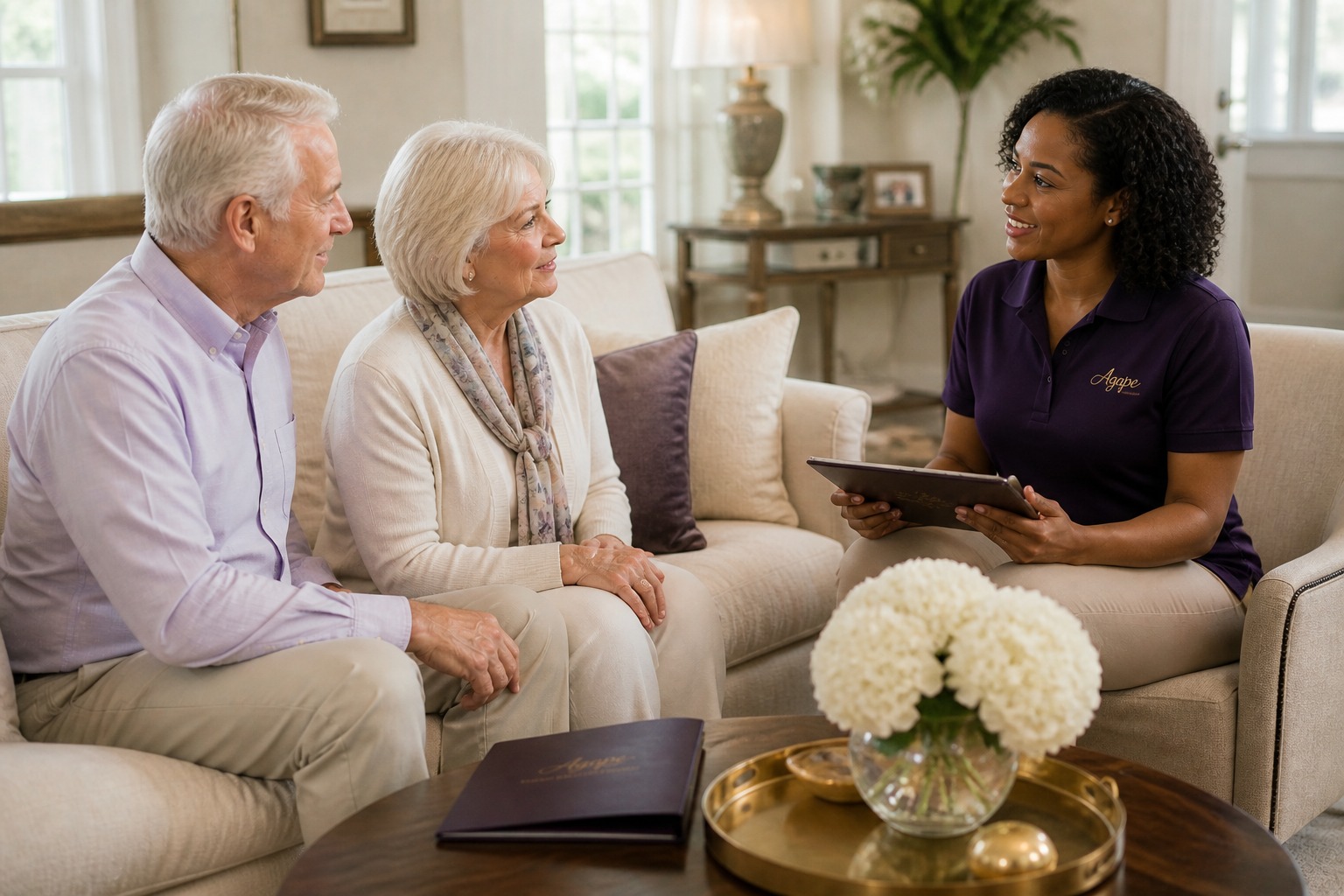 Agape Senior Concierge private consultation with an older couple in a refined home setting