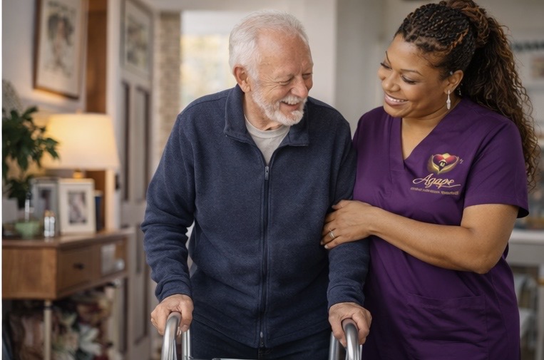 Agape caregiver assisting a client with mobility