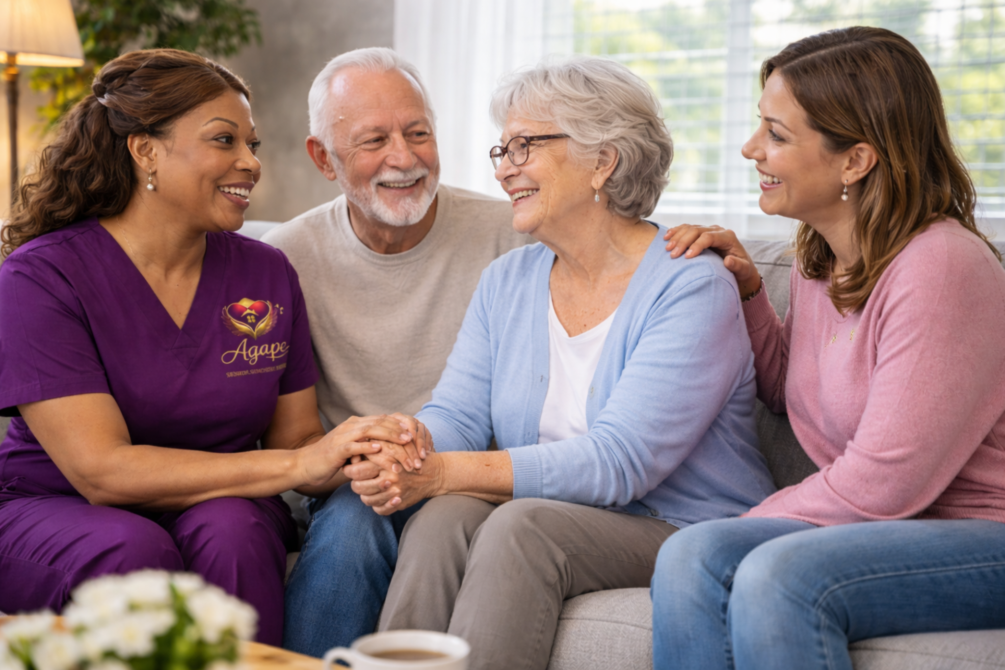 Agape caregiver with family in a living room